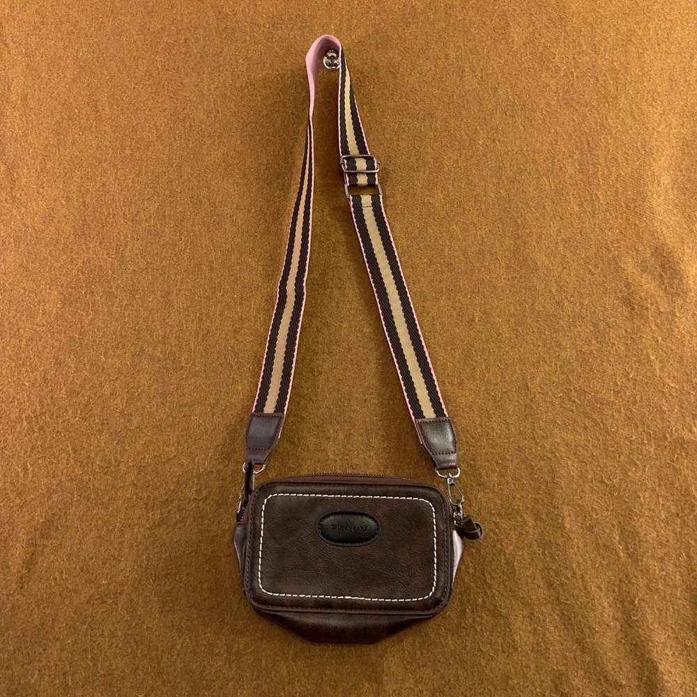 Dinayashi Womens Small Brown Faux Leather Striped Strap Crossbody Camera Bag New